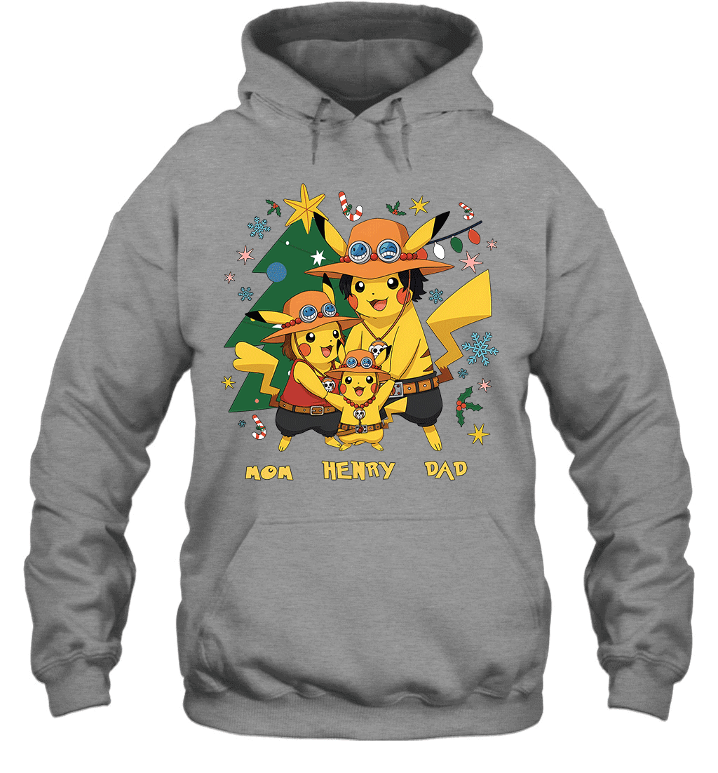 Pikachu x Portgas D. Ace Christmas Family Parents And Son Graphic T-shirt