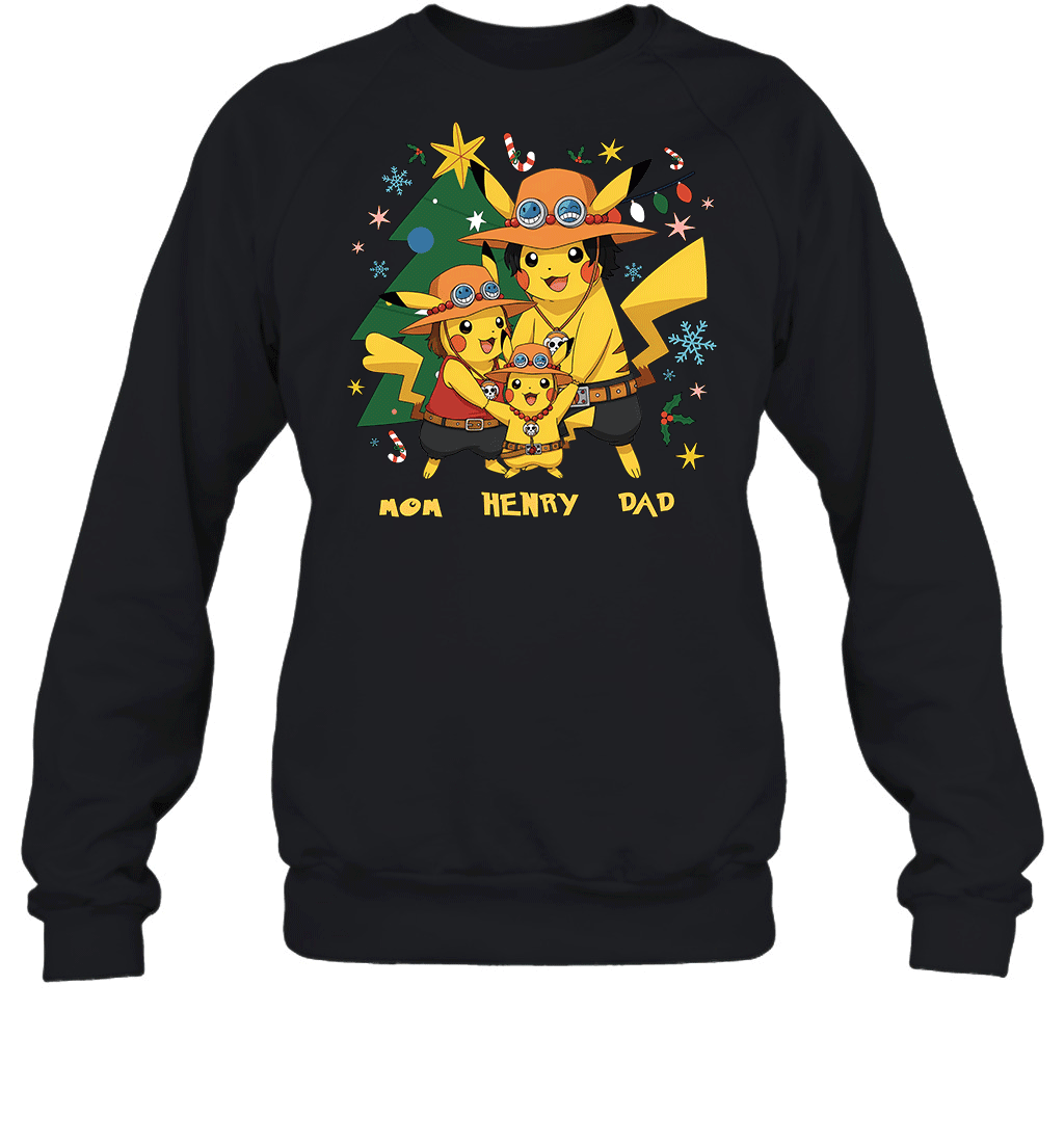 Pikachu x Portgas D. Ace Christmas Family Parents And Son Graphic T-shirt