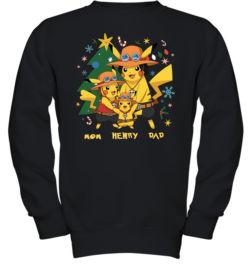 Pikachu x Portgas D. Ace Christmas Family Parents And Son Graphic T-shirt