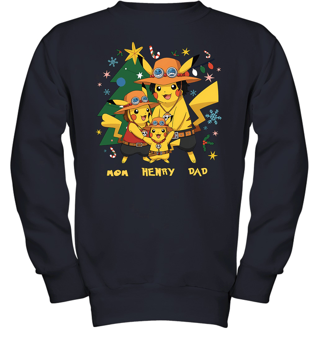 Pikachu x Portgas D. Ace Christmas Family Parents And Son Graphic T-shirt