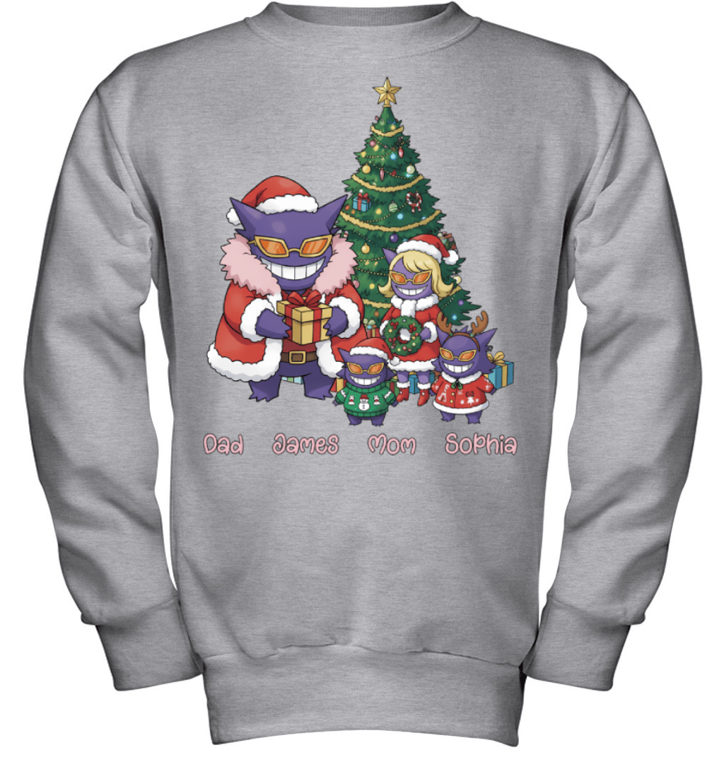 Gengar x Doflamingo Parents & Kids Custom Name Christmas T-Shirt for Family