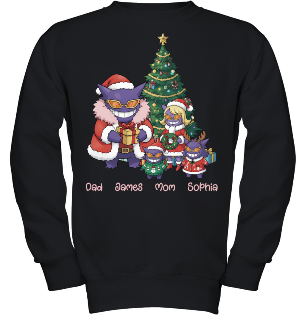 Gengar x Doflamingo Parents & Kids Custom Name Christmas T-Shirt for Family