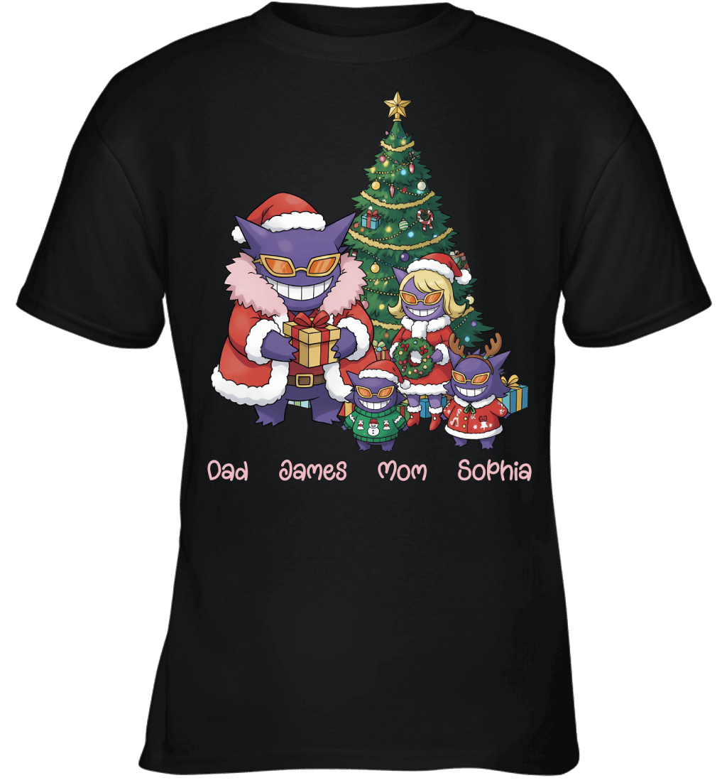 Gengar x Doflamingo Parents & Kids Custom Name Christmas T-Shirt for Family