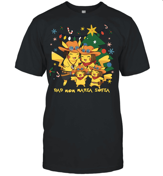 Pikachu x Portgas D. Ace Christmas Family Parents And Two Daughters Graphic T-shirt