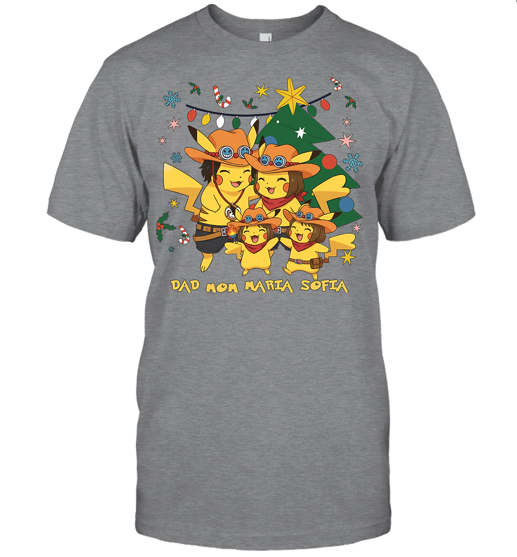 Pikachu x Portgas D. Ace Christmas Family Parents And Two Daughters Graphic T-shirt