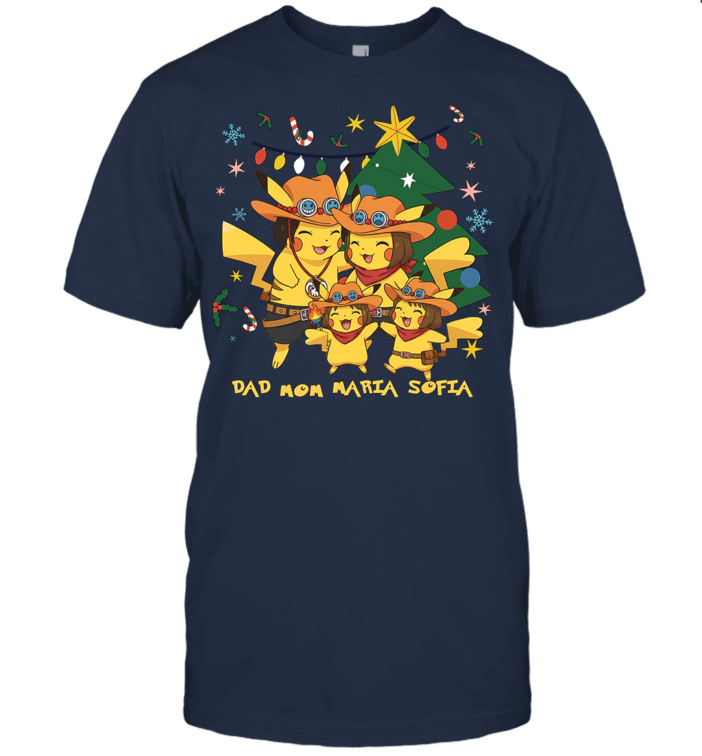 Pikachu x Portgas D. Ace Christmas Family Parents And Two Daughters Graphic T-shirt