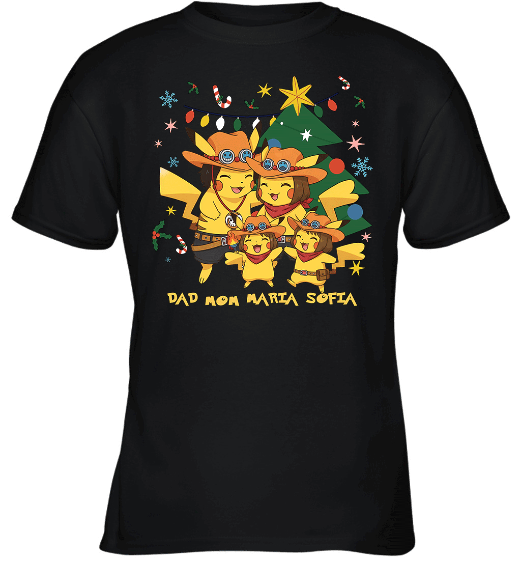 Pikachu x Portgas D. Ace Christmas Family Parents And Two Daughters Graphic T-shirt