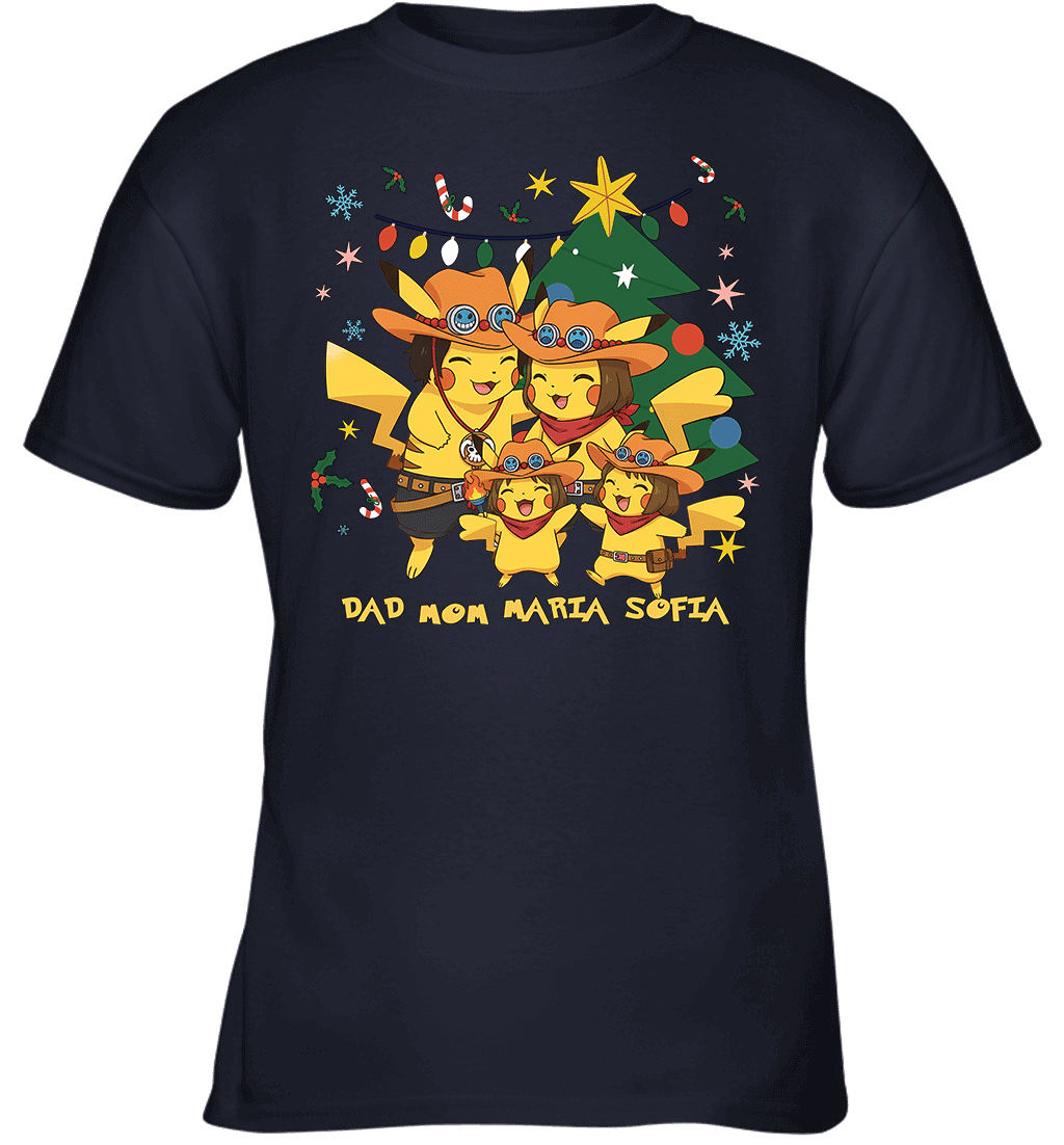 Pikachu x Portgas D. Ace Christmas Family Parents And Two Daughters Graphic T-shirt
