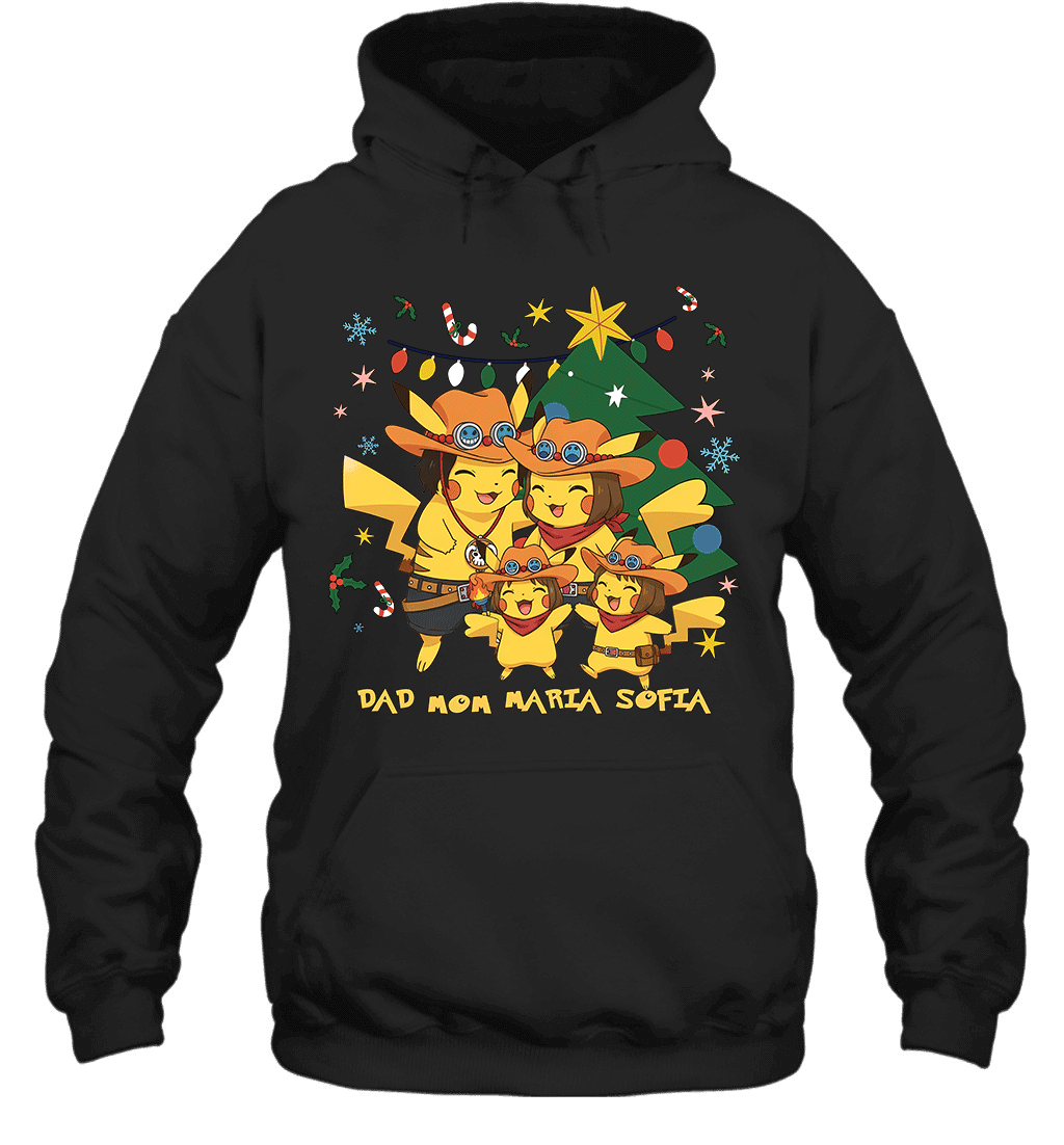 Pikachu x Portgas D. Ace Christmas Family Parents And Two Daughters Graphic T-shirt