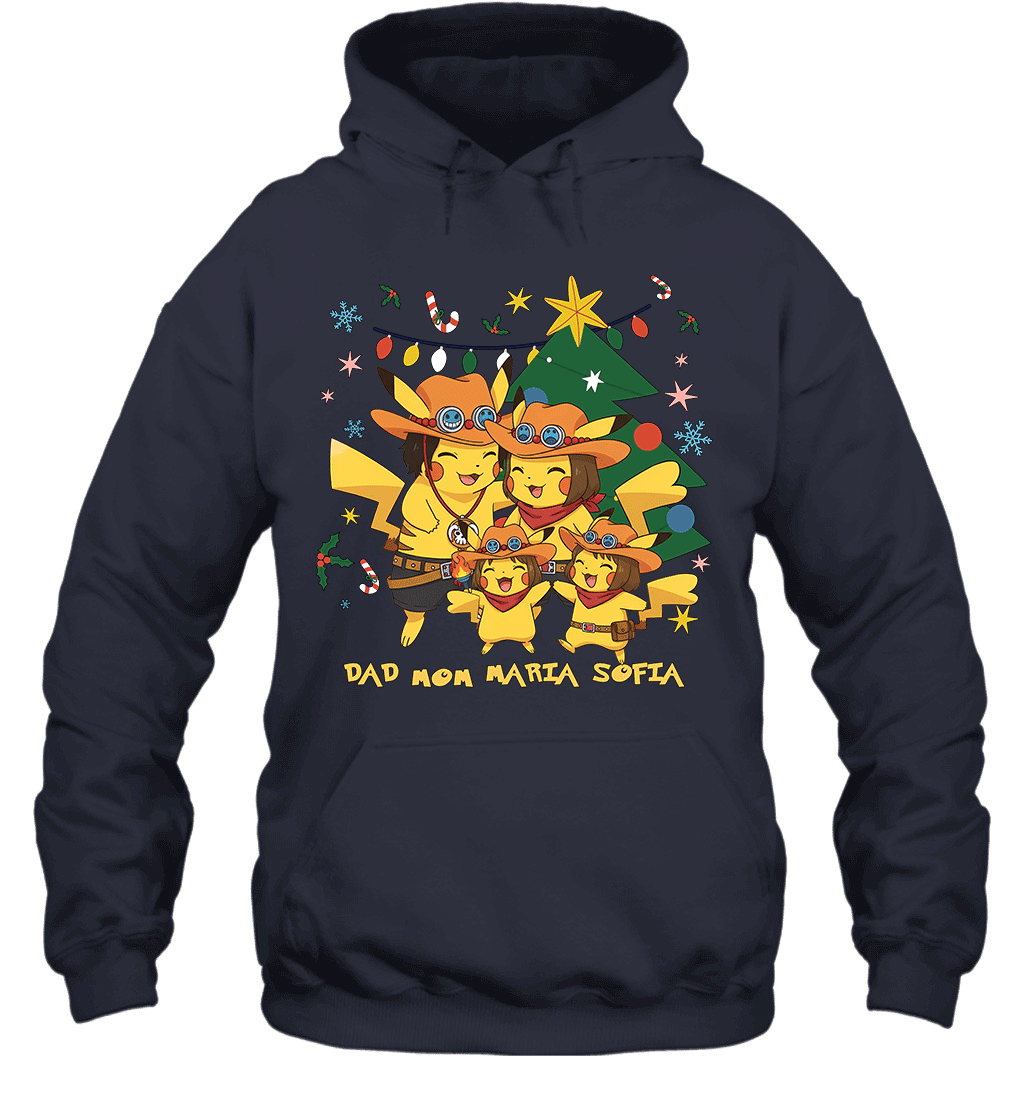 Pikachu x Portgas D. Ace Christmas Family Parents And Two Daughters Graphic T-shirt