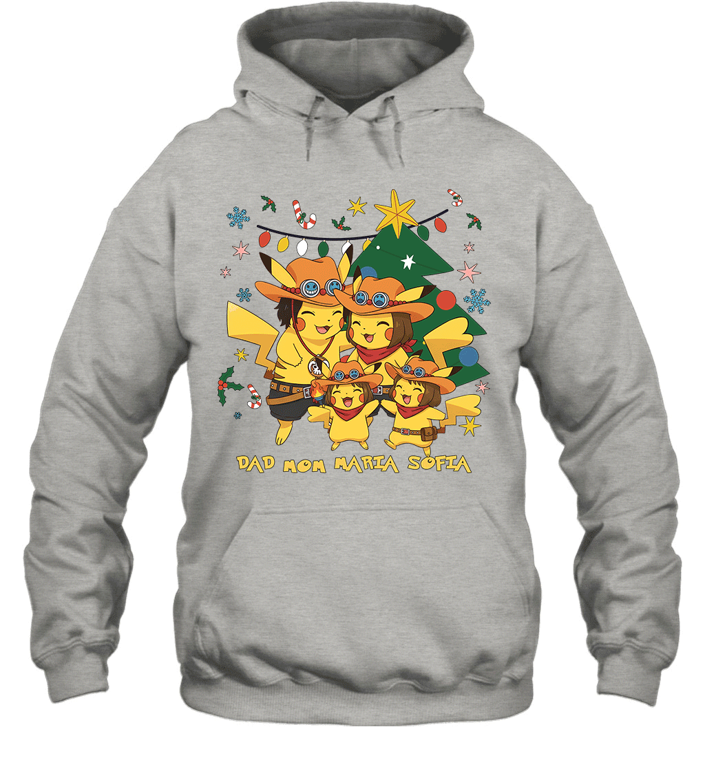 Pikachu x Portgas D. Ace Christmas Family Parents And Two Daughters Graphic T-shirt