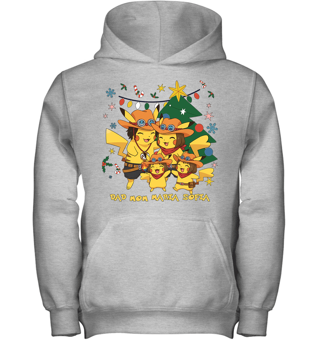 Pikachu x Portgas D. Ace Christmas Family Parents And Two Daughters Graphic T-shirt