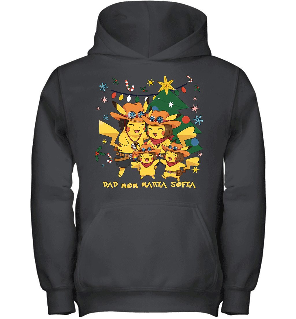 Pikachu x Portgas D. Ace Christmas Family Parents And Two Daughters Graphic T-shirt