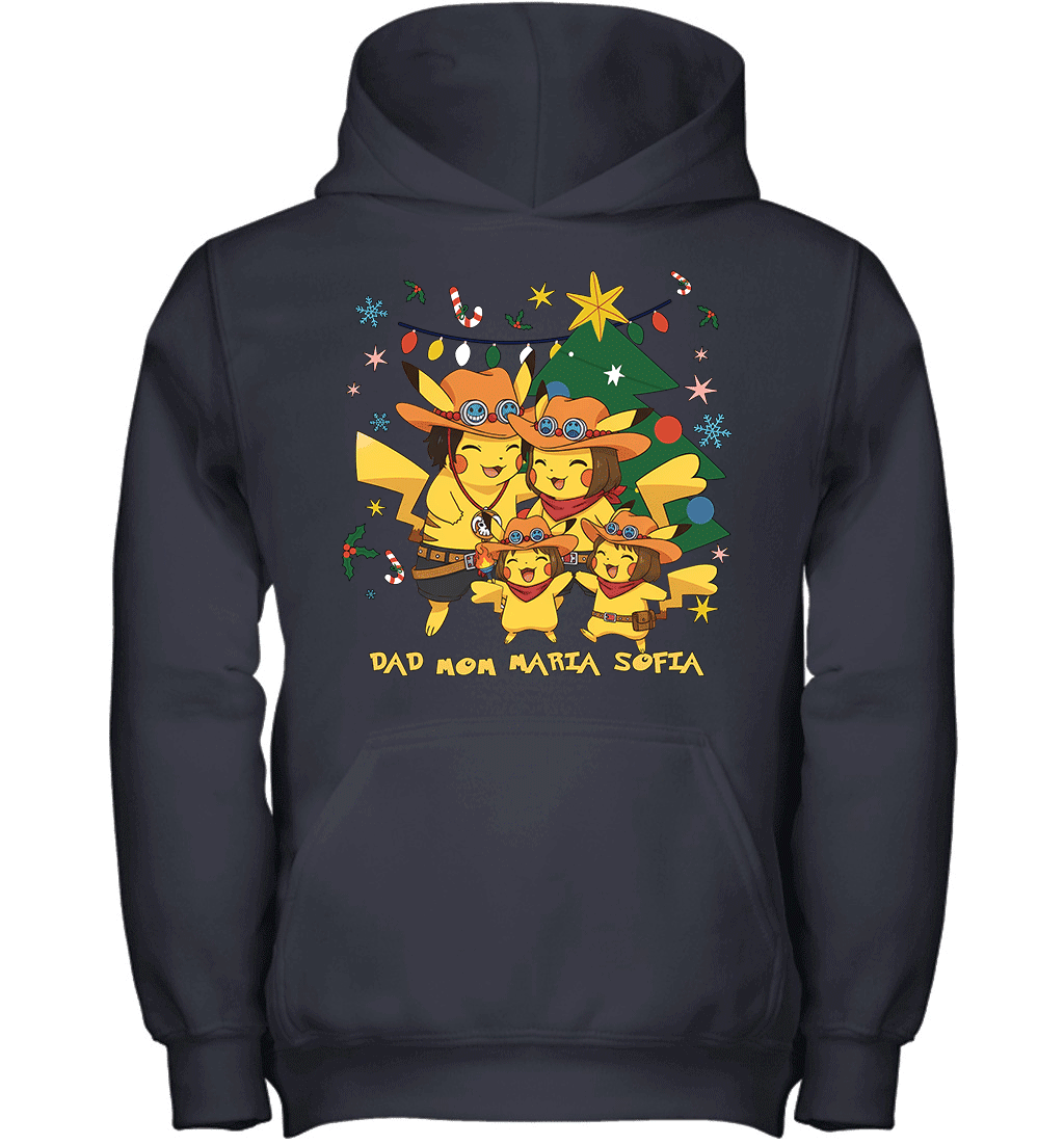 Pikachu x Portgas D. Ace Christmas Family Parents And Two Daughters Graphic T-shirt