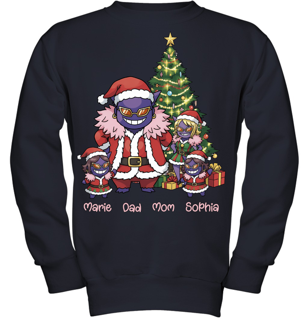 Gengar x Doflamingo Parents & Daughters Custom Name Christmas T-Shirt for Family