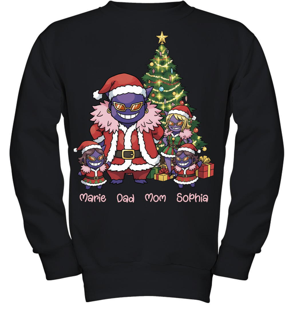 Gengar x Doflamingo Parents & Daughters Custom Name Christmas T-Shirt for Family