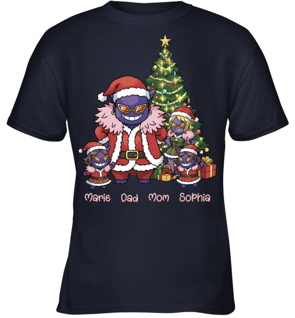 Gengar x Doflamingo Parents & Daughters Custom Name Christmas T-Shirt for Family
