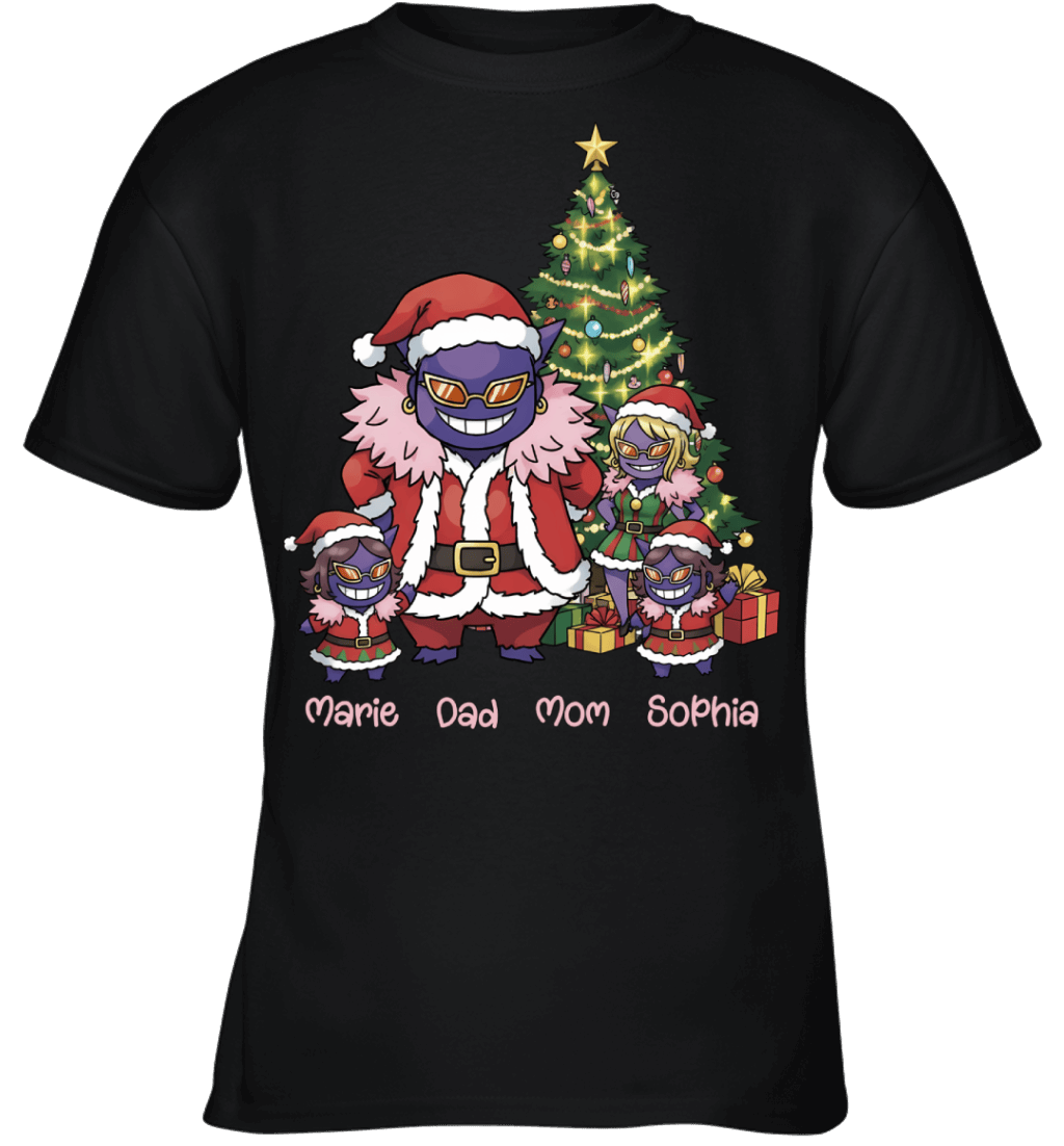 Gengar x Doflamingo Parents & Daughters Custom Name Christmas T-Shirt for Family
