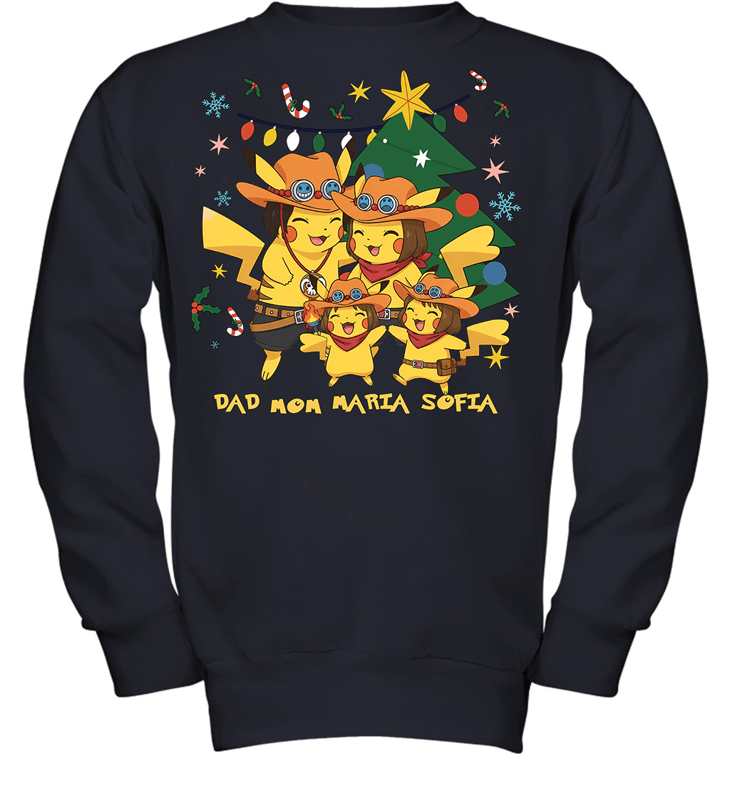 Pikachu x Portgas D. Ace Christmas Family Parents And Two Daughters Graphic T-shirt