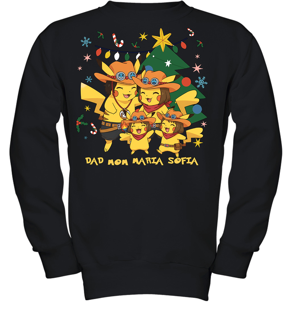 Pikachu x Portgas D. Ace Christmas Family Parents And Two Daughters Graphic T-shirt