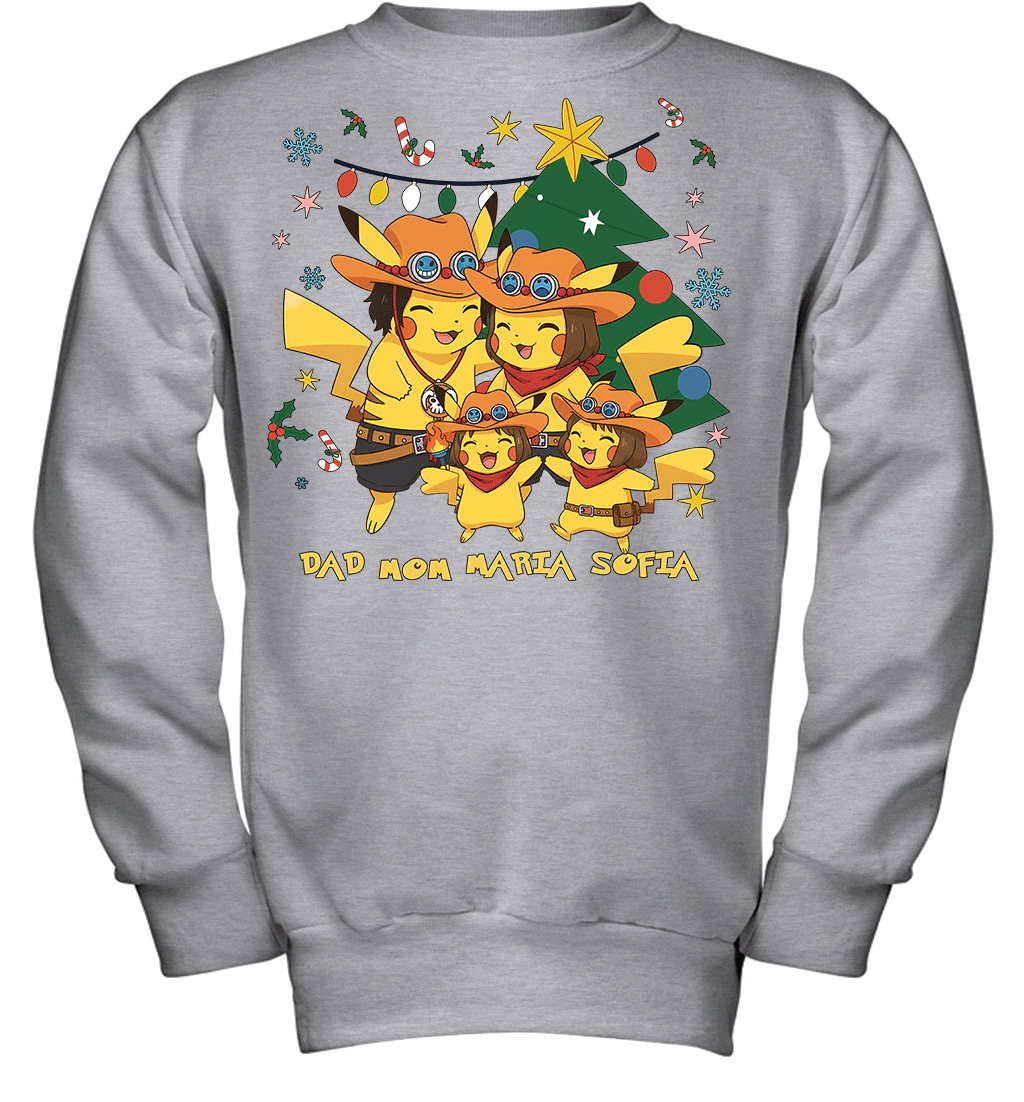 Pikachu x Portgas D. Ace Christmas Family Parents And Two Daughters Graphic T-shirt