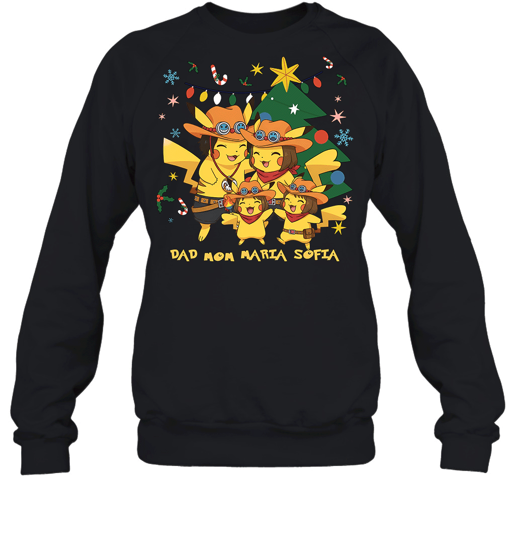 Pikachu x Portgas D. Ace Christmas Family Parents And Two Daughters Graphic T-shirt