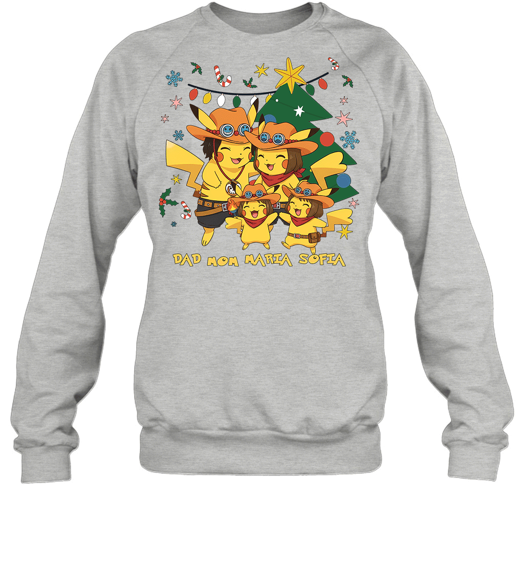 Pikachu x Portgas D. Ace Christmas Family Parents And Two Daughters Graphic T-shirt