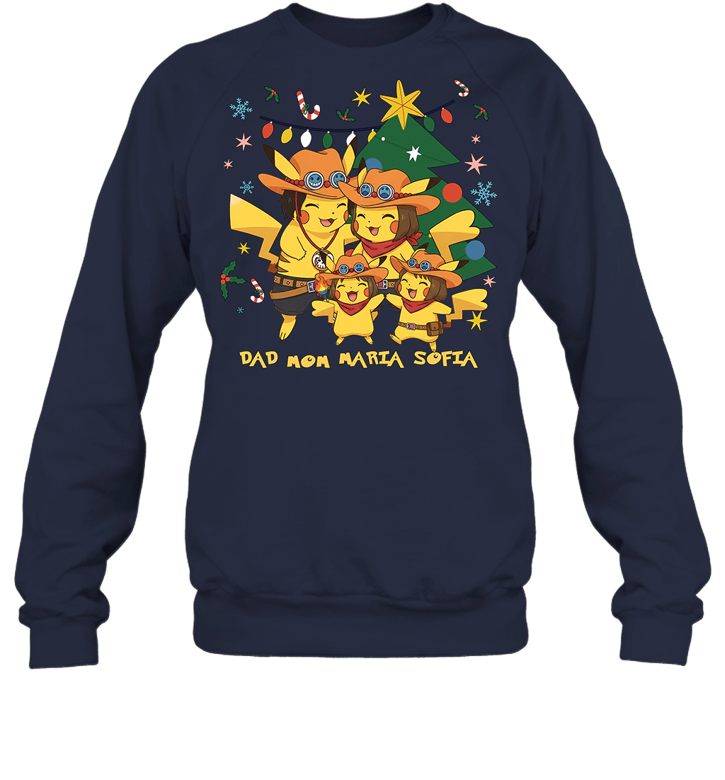 Pikachu x Portgas D. Ace Christmas Family Parents And Two Daughters Graphic T-shirt