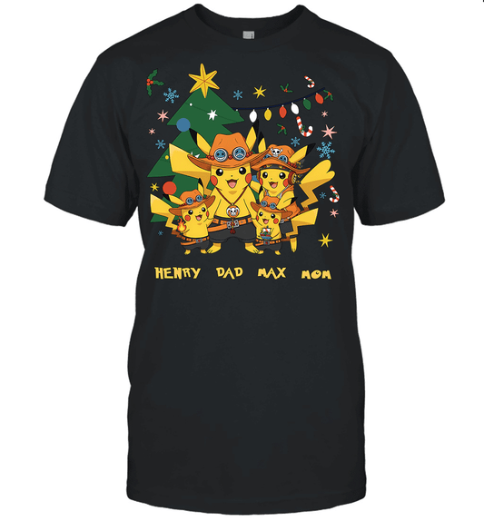 Pikachu x Portgas D. Ace Christmas Family Parents And Two Sons Graphic T-shirt
