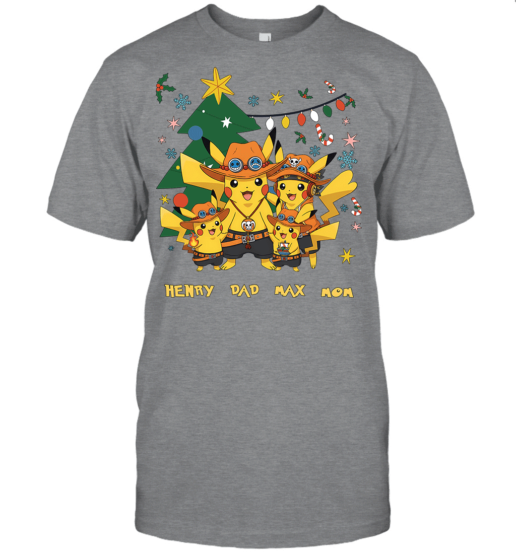 Pikachu x Portgas D. Ace Christmas Family Parents And Two Sons Graphic T-shirt