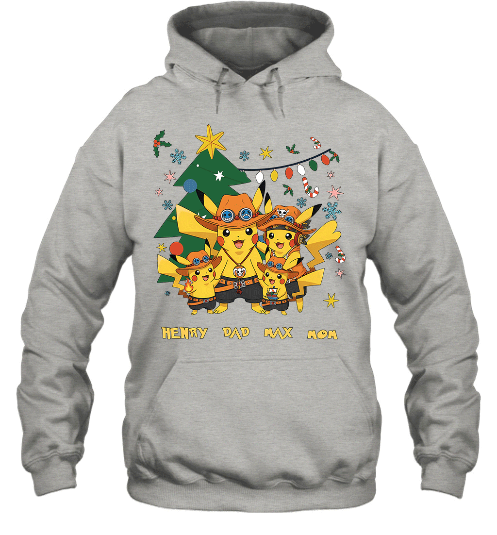 Pikachu x Portgas D. Ace Christmas Family Parents And Two Sons Graphic T-shirt
