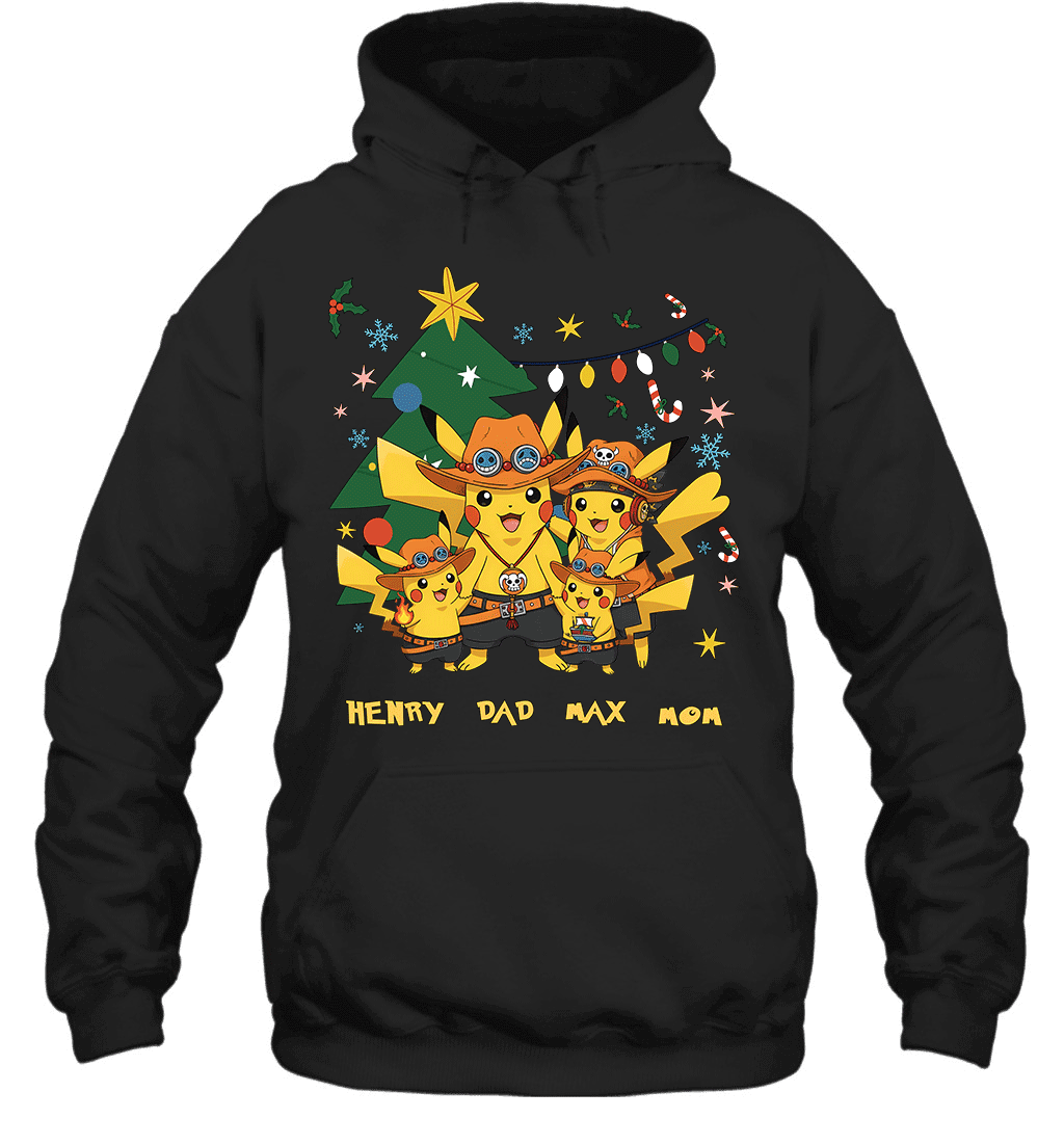Pikachu x Portgas D. Ace Christmas Family Parents And Two Sons Graphic T-shirt
