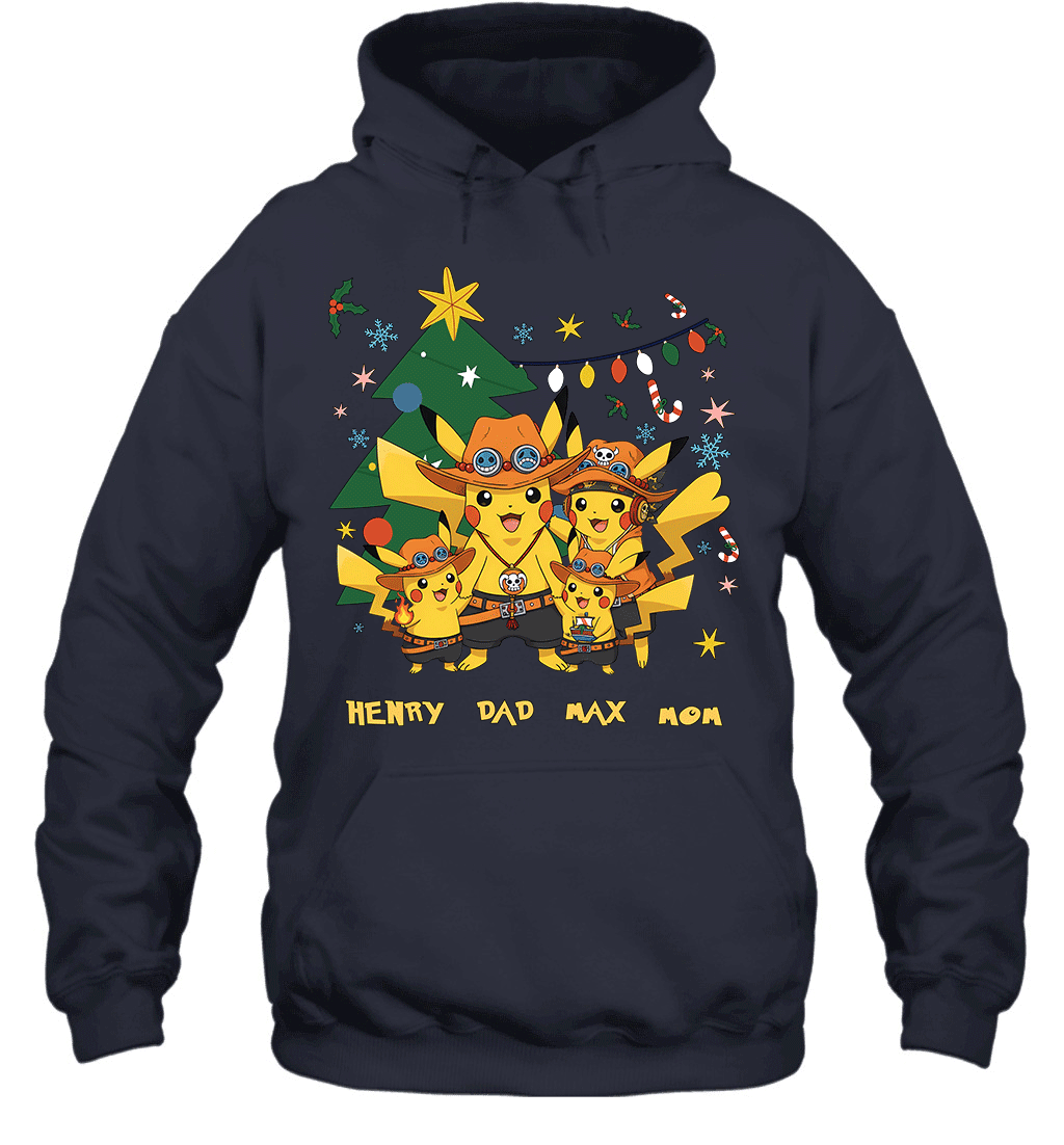 Pikachu x Portgas D. Ace Christmas Family Parents And Two Sons Graphic T-shirt