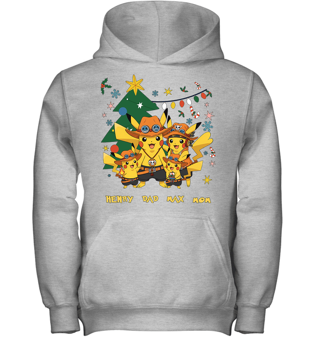 Pikachu x Portgas D. Ace Christmas Family Parents And Two Sons Graphic T-shirt