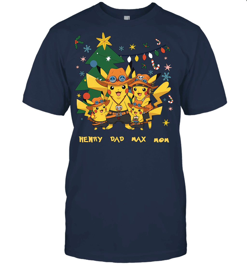 Pikachu x Portgas D. Ace Christmas Family Parents And Two Sons Graphic T-shirt