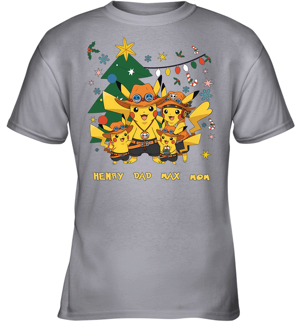 Pikachu x Portgas D. Ace Christmas Family Parents And Two Sons Graphic T-shirt