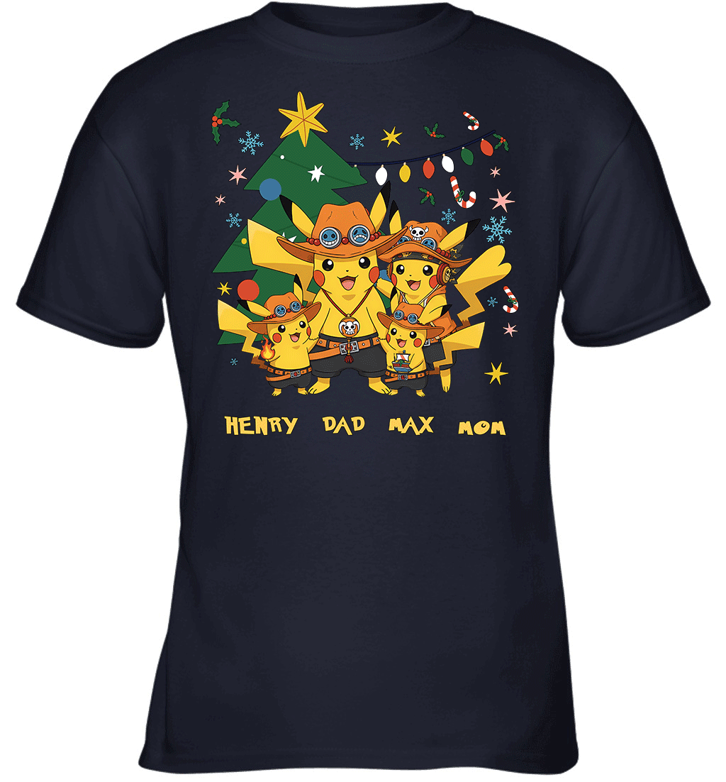 Pikachu x Portgas D. Ace Christmas Family Parents And Two Sons Graphic T-shirt