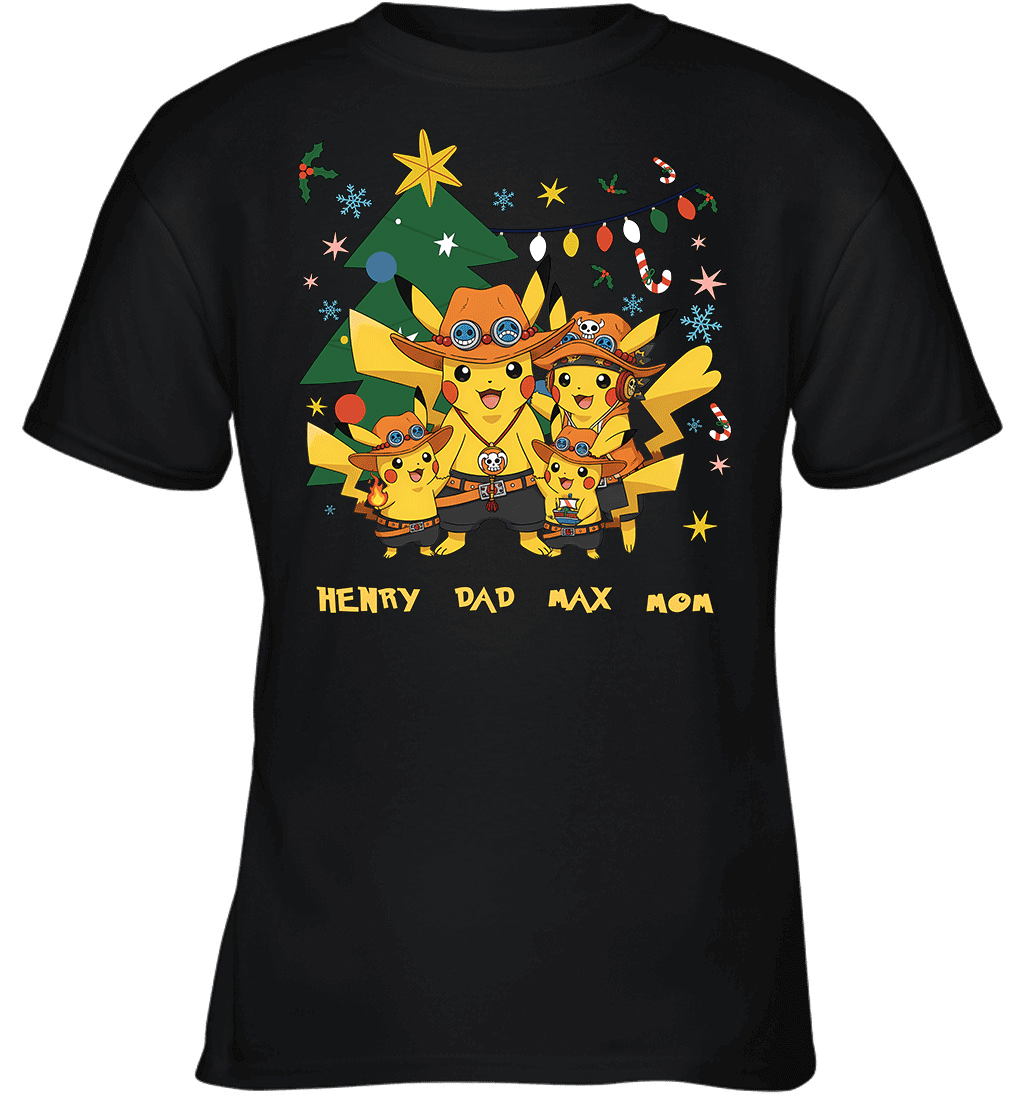 Pikachu x Portgas D. Ace Christmas Family Parents And Two Sons Graphic T-shirt