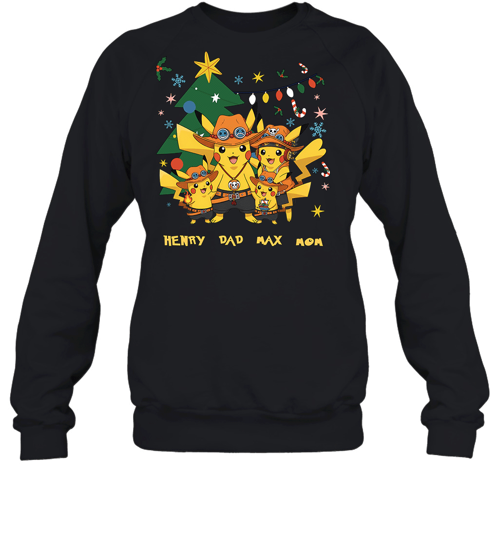 Pikachu x Portgas D. Ace Christmas Family Parents And Two Sons Graphic T-shirt