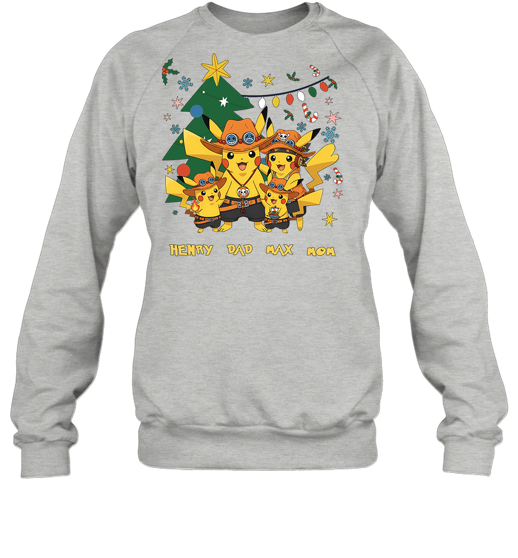 Pikachu x Portgas D. Ace Christmas Family Parents And Two Sons Graphic T-shirt