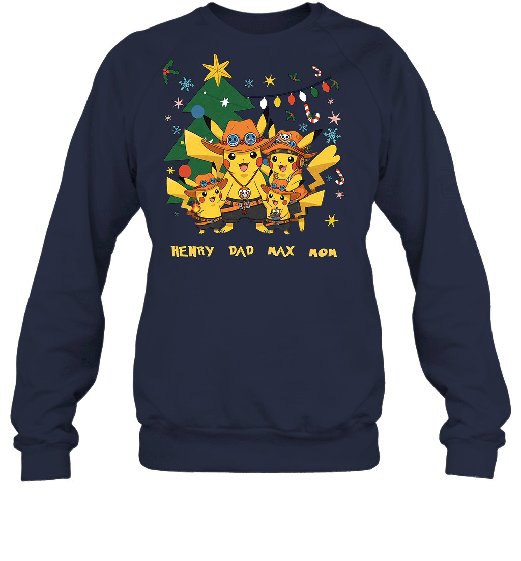 Pikachu x Portgas D. Ace Christmas Family Parents And Two Sons Graphic T-shirt