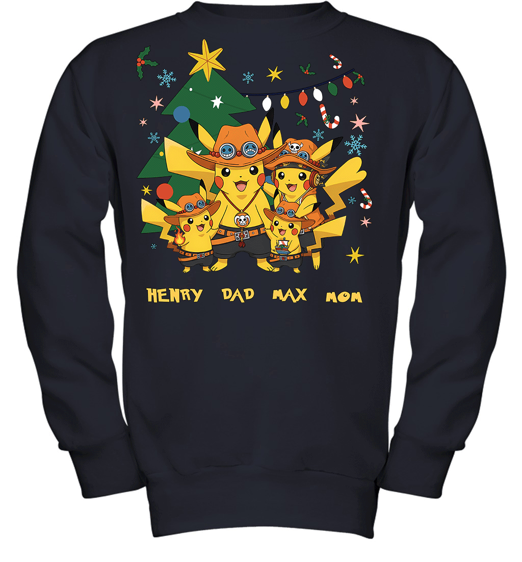 Pikachu x Portgas D. Ace Christmas Family Parents And Two Sons Graphic T-shirt