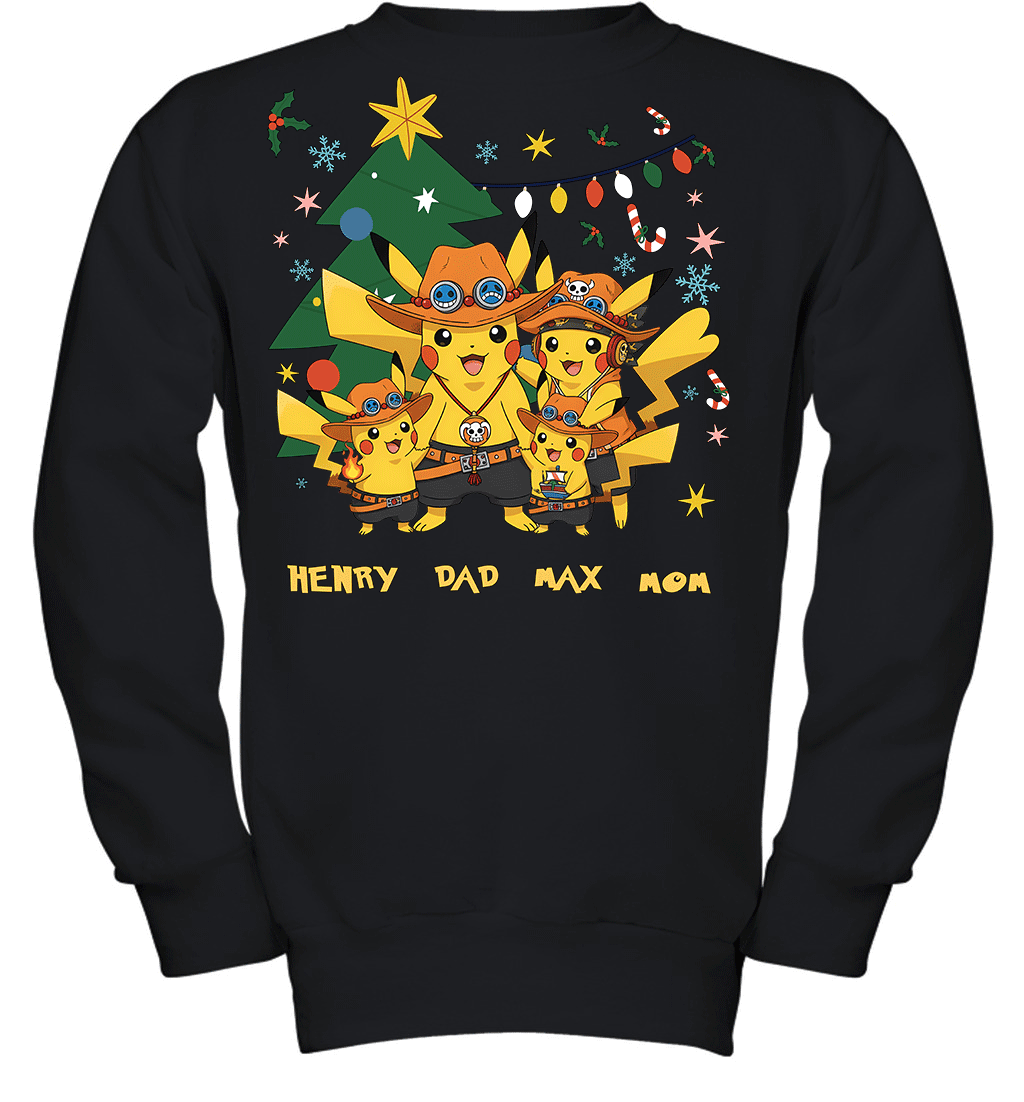 Pikachu x Portgas D. Ace Christmas Family Parents And Two Sons Graphic T-shirt
