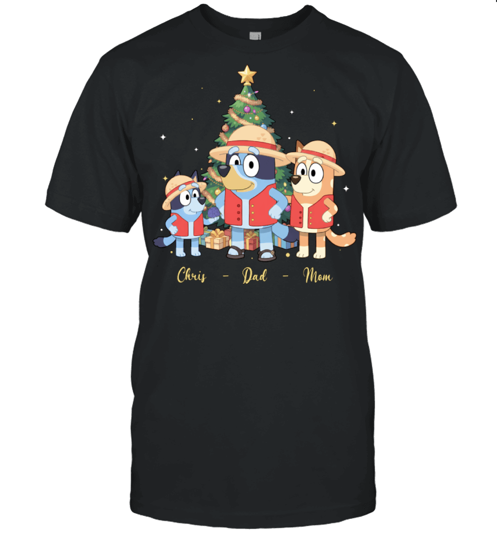 Bluey x Monkey D. Luffy Parents & Son Custom Name Christmas T-Shirt for Family