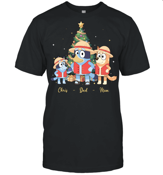 Bluey x Monkey D. Luffy Parents & Son Custom Name Christmas T-Shirt for Family