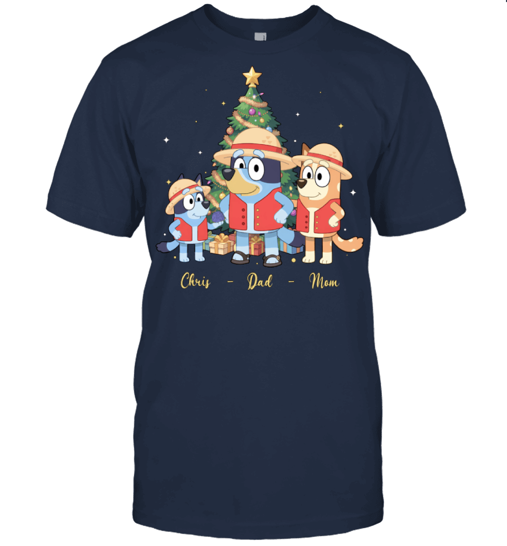 Bluey x Monkey D. Luffy Parents & Son Custom Name Christmas T-Shirt for Family