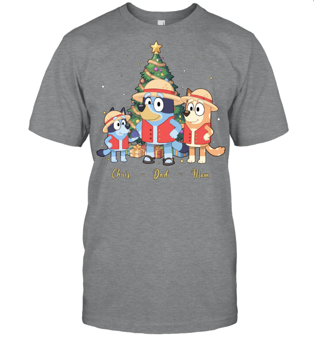Bluey x Monkey D. Luffy Parents & Son Custom Name Christmas T-Shirt for Family