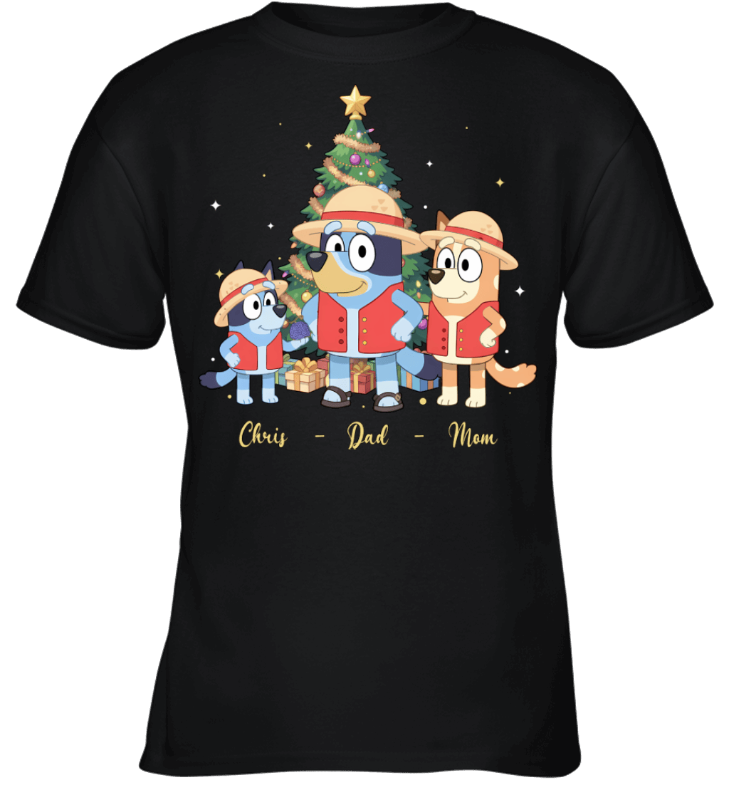 Bluey x Monkey D. Luffy Parents & Son Custom Name Christmas T-Shirt for Family