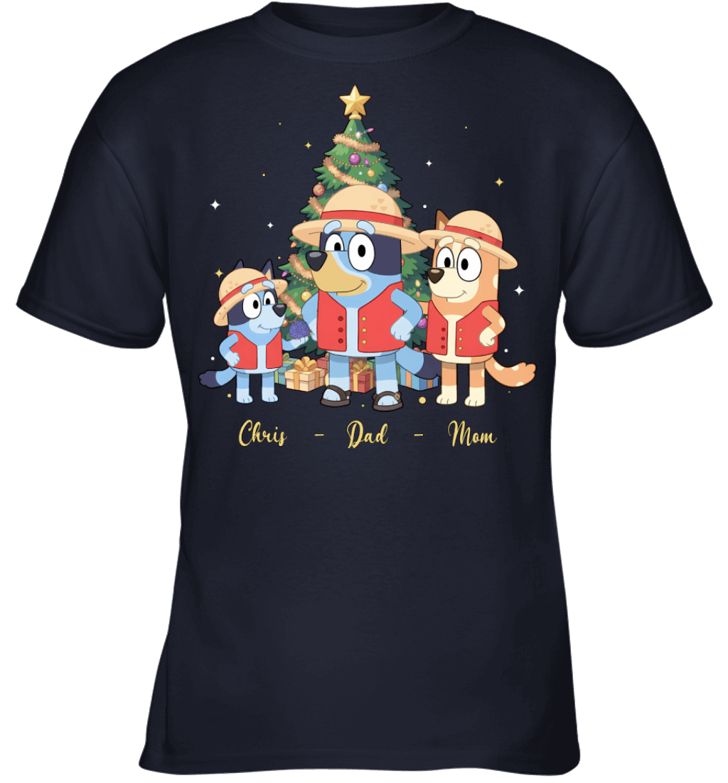 Bluey x Monkey D. Luffy Parents & Son Custom Name Christmas T-Shirt for Family