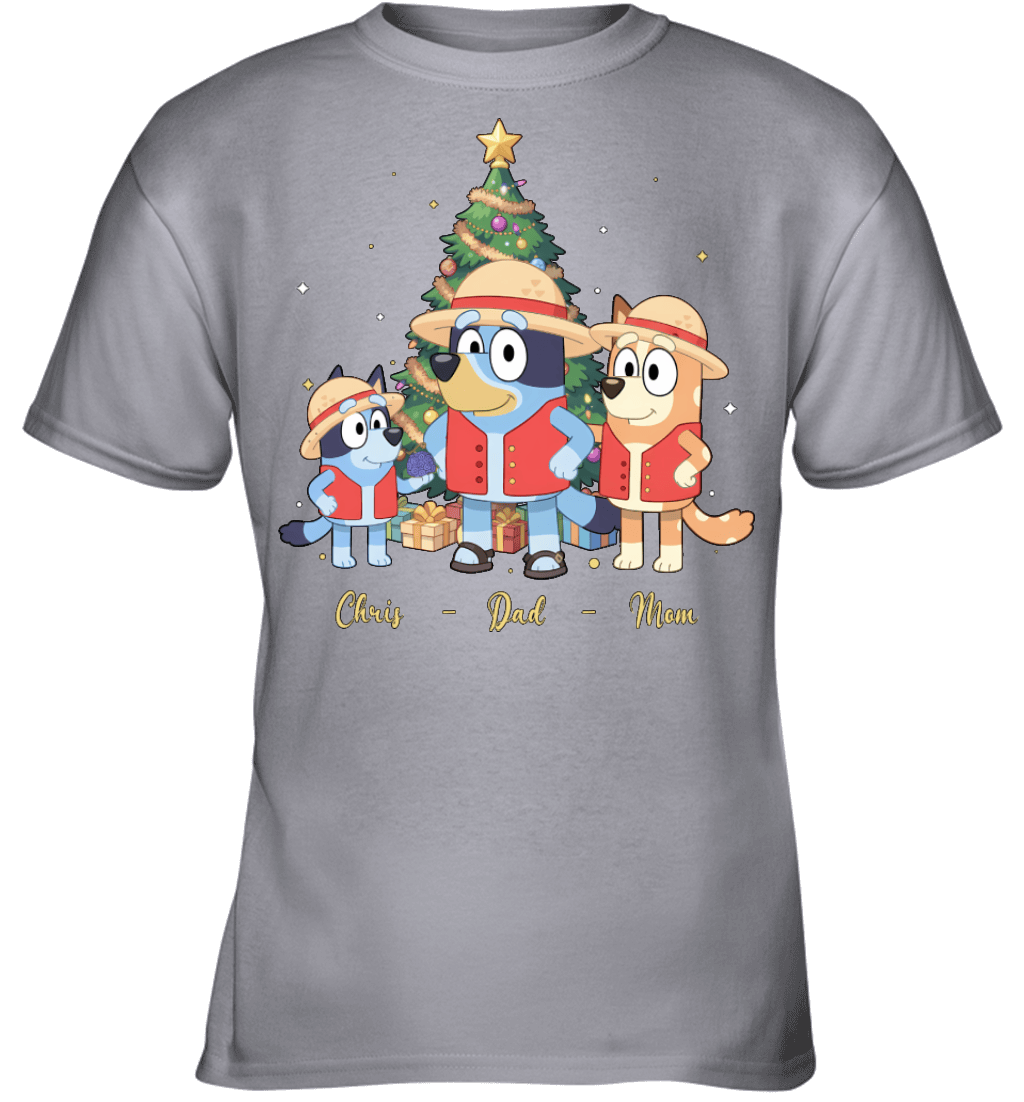 Bluey x Monkey D. Luffy Parents & Son Custom Name Christmas T-Shirt for Family